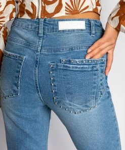 ELEVATED MID RISE STUD SLIT STRAIGHT JEANS -FINESSE-shop elevated mid rise stud slit straight jeans medium blue denim 8 8