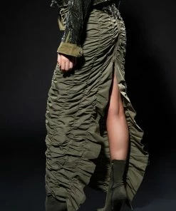ENCORE SCRUNCHED SLIT MAXI SKIRT 18 ENCORE SCRUNCHED SLIT MAXI SKIRT -FINESSE-shop encore scrunched slit maxi skirt olive 1 1 c1