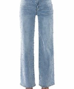 EVERYTIME RHINESTONE EMBELLISHED STRAIGHT LEG JEANS -FINESSE-shop everytime rhinestone embellished straight leg jeans medium blue denim 3 3