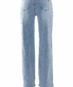 EVERYTIME RHINESTONE EMBELLISHED STRAIGHT LEG JEANS -FINESSE-shop everytime rhinestone embellished straight leg jeans medium blue denim 5 5