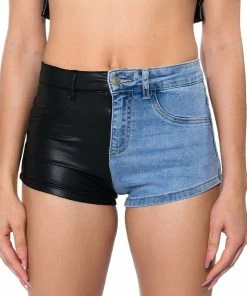 FLEX FIT EXTREME STRETCH FAUX LEATHER AND DENIM SHORTS -FINESSE-shop flex fit extreme stretch faux leather and denim shorts black denim 10 10 c1