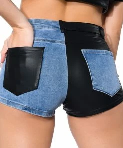 FLEX FIT EXTREME STRETCH FAUX LEATHER AND DENIM SHORTS -FINESSE-shop flex fit extreme stretch faux leather and denim shorts black denim 11 11