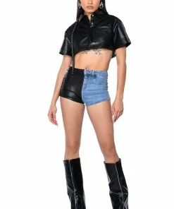 FLEX FIT EXTREME STRETCH FAUX LEATHER AND DENIM SHORTS -FINESSE-shop flex fit extreme stretch faux leather and denim shorts black denim 4 4 c1