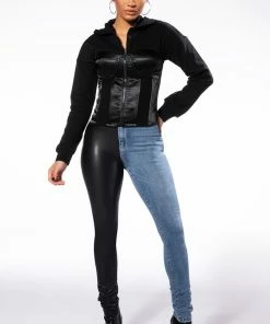 EXTREME STRETCH HIGH WAIST SKINNY JEANS -FINESSE-shop flex fit extreme stretch half and half pu high waist skinny jeans black denim 4 4 c1