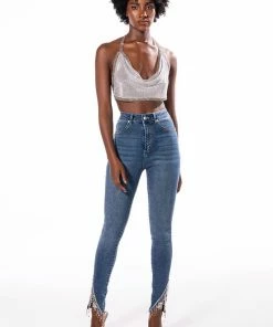FLEX FIT EXTREME STRETCH HIGH RISE SKINNY JEANS WITH RHINESTONE ANKLE DETAILING -FINESSE-shop flex fit extreme stretch high rise skinny jeans with rhinestone ankle detailing medium blue denim 7 7
