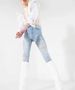 FLEX-FIT EXTREME STRETCH HIGH WAISTED DISTRESSED SKINNY JEANS -FINESSE-shop flex fit extreme stretch high waisted distressed skinny jeans light blue denim 3 3