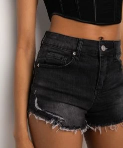 FLEX-FIT HIGH WAISTED SUPER STRETCHY DENIM SHORTS -FINESSE-shop flex fit high waisted super stretchy denim shorts black grey 10 10