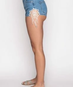 FLORENCE RHINESTONE CUT OUT DENIM SHORT -FINESSE-shop florence rhinestone cut out denim short medium blue denim 5 5