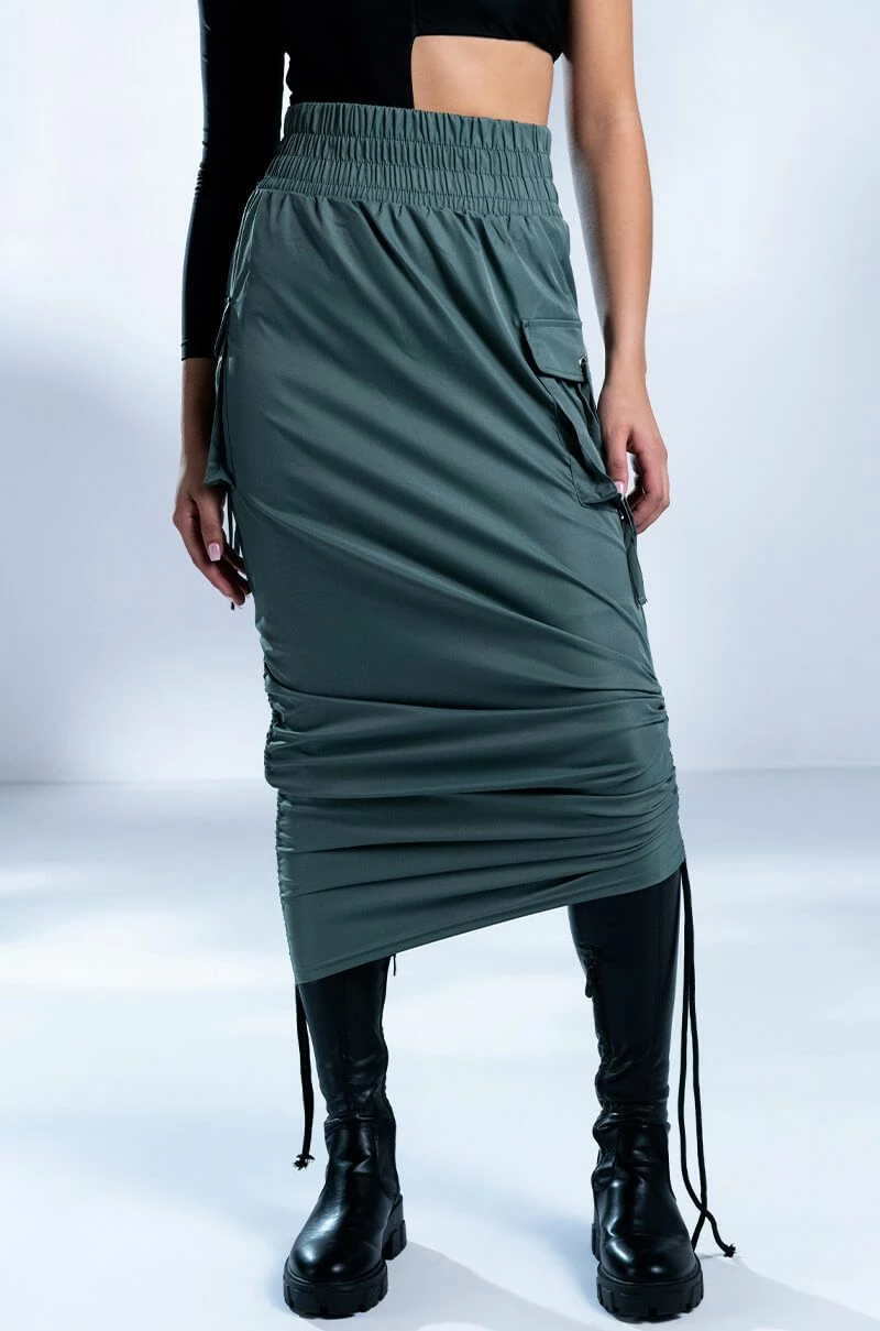 FOLLOW ME ADJUSTABLE CARGO SKIRT IN OLIVE 1 FOLLOW ME ADJUSTABLE CARGO SKIRT IN OLIVE
