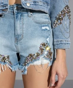 GLAMOROUS LIFE RHINESTONE JEAN SHORTS -FINESSE-shop glamorous life rhinestone jean shorts medium blue denim 7 7