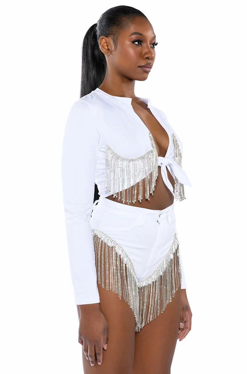 GONNA LOVE ME WATERFALL RHINESTONE DENIM SHORT 8 GONNA LOVE ME WATERFALL RHINESTONE DENIM SHORT - Image 8