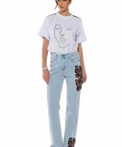 HIDDEN FACES EMBROIDERY DETAILED STRAIGHT LEG JEANS -FINESSE-shop hidden faces embroidery detailed straight leg jeans light blue denim 3 3