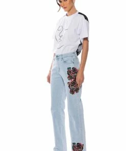 HIDDEN FACES EMBROIDERY DETAILED STRAIGHT LEG JEANS -FINESSE-shop hidden faces embroidery detailed straight leg jeans light blue denim 5 5