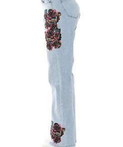 HIDDEN FACES EMBROIDERY DETAILED STRAIGHT LEG JEANS -FINESSE-shop hidden faces embroidery detailed straight leg jeans light blue denim 8 8
