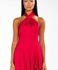 INVITE ONLY SATIN HALTERNECK ROMPER -FINESSE-shop invite only satin halterneck romper fuchsia 3 3