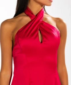 INVITE ONLY SATIN HALTERNECK ROMPER -FINESSE-shop invite only satin halterneck romper fuchsia 6 6