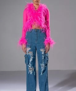 IVY DISTRESSED CARGO HIGH WAISTED JEANS -FINESSE-shop ivy distressed cargo high waisted jeans medium blue denim 3 3