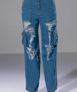 IVY DISTRESSED CARGO HIGH WAISTED JEANS -FINESSE-shop ivy distressed cargo high waisted jeans medium blue denim 5 5