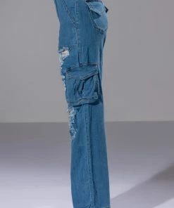 IVY DISTRESSED CARGO HIGH WAISTED JEANS -FINESSE-shop ivy distressed cargo high waisted jeans medium blue denim 6 6