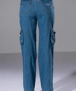 IVY DISTRESSED CARGO HIGH WAISTED JEANS -FINESSE-shop ivy distressed cargo high waisted jeans medium blue denim 7 7