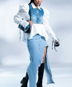 JUST WANNA DANCE HIGH LOW DENIM SKIRT -FINESSE-shop just wanna dance high low denim skirt light blue denim 7 7 c1 c1