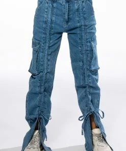 KENNA FRONT TIE DETAIL CARGO JEANS -FINESSE-shop kenna front tie detail cargo jeans medium blue denim 4 4
