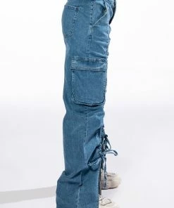 KENNA FRONT TIE DETAIL CARGO JEANS -FINESSE-shop kenna front tie detail cargo jeans medium blue denim 5 5
