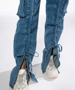 KENNA FRONT TIE DETAIL CARGO JEANS -FINESSE-shop kenna front tie detail cargo jeans medium blue denim 7 7