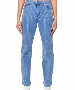 KICK BACK PINSTRIPE RHINESTONE WIDE LEG JEANS