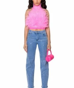 KICK BACK PINSTRIPE RHINESTONE WIDE LEG JEANS -FINESSE-shop kick back pinstripe rhinestone wide leg jeans medium blue denim 3 3