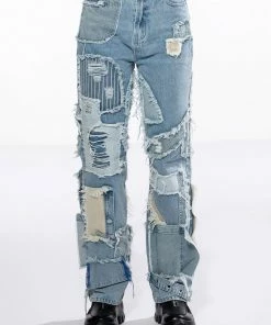 LEON PATCHWORK HIGH RISE STRAIGHT LEG JEANS -FINESSE-shop leon patchwork high rise straight leg jeans light blue denim 3 3 c1 c1 c1 c1 c1