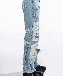 LEON PATCHWORK HIGH RISE STRAIGHT LEG JEANS -FINESSE-shop leon patchwork high rise straight leg jeans light blue denim 4 4 c1 c1 c1 c1 c1