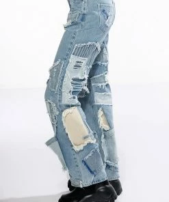 LEON PATCHWORK HIGH RISE STRAIGHT LEG JEANS -FINESSE-shop leon patchwork high rise straight leg jeans light blue denim 5 5 c1 c1 c1 c1 c1
