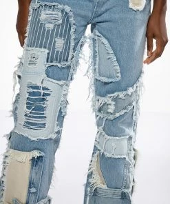 LEON PATCHWORK HIGH RISE STRAIGHT LEG JEANS -FINESSE-shop leon patchwork high rise straight leg jeans light blue denim 7 7 c1 c1 c1 c1 c1