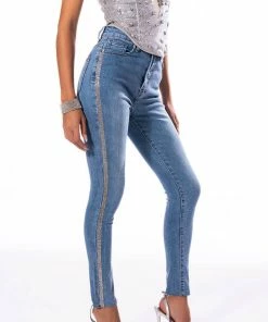 LIFE LIKE THIS RHINESTONE STRIPE SKINNY JEANS