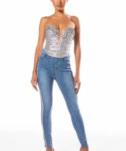 LIFE LIKE THIS RHINESTONE STRIPE SKINNY JEANS -FINESSE-shop life like this rhinestone stripe skinny jeans light denim 7 7
