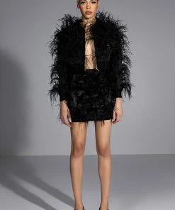 LIVING IT UP SATIN AND SPIKES FEATHER MINI SKIRT -FINESSE-shop living it up satin and spikes feather mini skirt black 3 3 c1