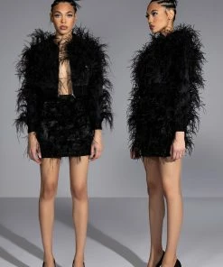 LIVING IT UP SATIN AND SPIKES FEATHER MINI SKIRT -FINESSE-shop living it up satin and spikes feather mini skirt black 4 4 c1