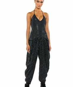 LONDON RHINESTONE STRIPE RELAXED FIT HALTER NECK JUMPSUIT -FINESSE-shop london rhinestone stripe relaxed fit halter neck jumpsuit black 5 5