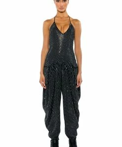 LONDON RHINESTONE STRIPE RELAXED FIT HALTER NECK JUMPSUIT -FINESSE-shop london rhinestone stripe relaxed fit halter neck jumpsuit black 6 6