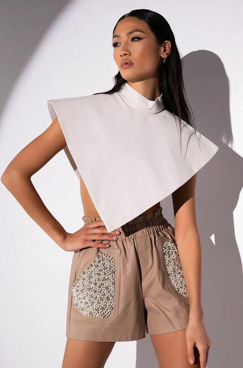 LORIE PEARL EMBELLISHED FAUX LEATHER SHORTS 3 LORIE PEARL EMBELLISHED FAUX LEATHER SHORTS - Image 3