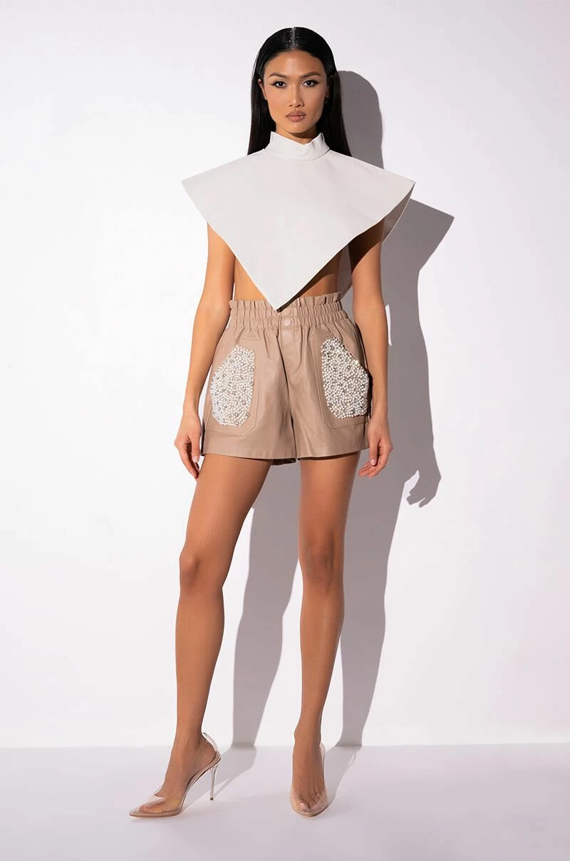 LORIE PEARL EMBELLISHED FAUX LEATHER SHORTS 9 LORIE PEARL EMBELLISHED FAUX LEATHER SHORTS - Image 9