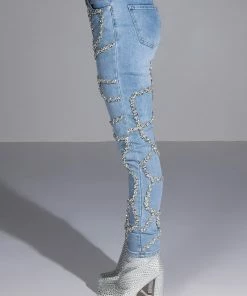 MAKE A WISH RHINESTONE HIGH WAISTED SKINNY JEAN -FINESSE-shop make a wish rhinestone high waisted skinny jean light blue denim 11 11