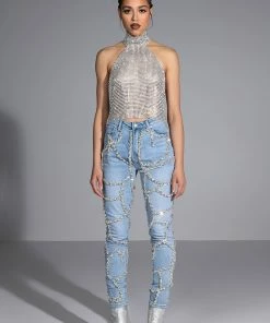 MAKE A WISH RHINESTONE HIGH WAISTED SKINNY JEAN -FINESSE-shop make a wish rhinestone high waisted skinny jean light blue denim 7 7