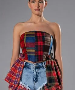 MODERN PUNK PLAID RUFFLE DENIM SHORT -FINESSE-shop modern punk plaid ruffle denim short light blue denim 3 3