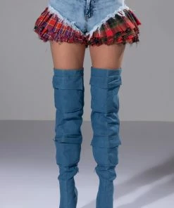 MODERN PUNK PLAID RUFFLE DENIM SHORT -FINESSE-shop modern punk plaid ruffle denim short light blue denim 7 7