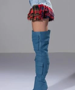 MODERN PUNK PLAID RUFFLE DENIM SHORT -FINESSE-shop modern punk plaid ruffle denim short light blue denim 8 8
