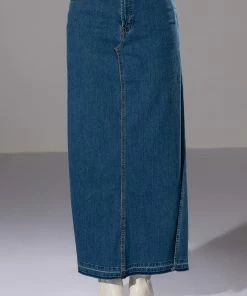 NATALIE DOUBLE SIDE SLIT DENIM SKIRT -FINESSE-shop natalie double side slit denim skirt medium blue denim 5 5