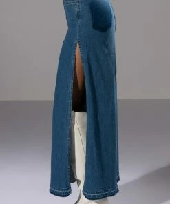 NATALIE DOUBLE SIDE SLIT DENIM SKIRT -FINESSE-shop natalie double side slit denim skirt medium blue denim 6 6