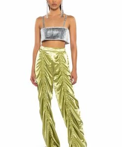 NEVER REGULAR CINCHED SATIN HIGH RISE PANTS -FINESSE-shop never regular cinched satin high rise pants green 3 3